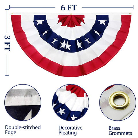 2 Pack 3x6 Ft Large American Pleated Fan Flag Bunting with double-stitched edge, decorative pleating, and brass grommets.