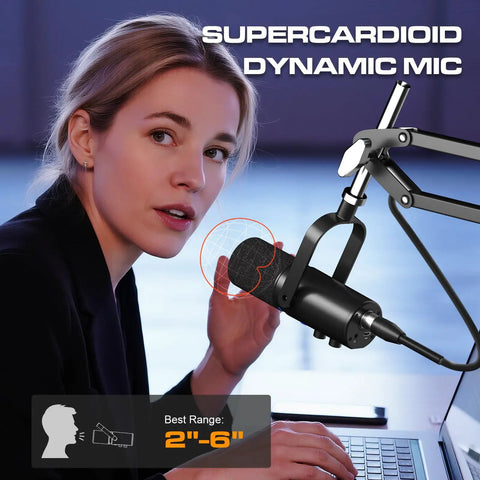 Person using Dynamic USB XLR Podcast Microphone for streaming and recording with arm stand, best range 2-6 inches.