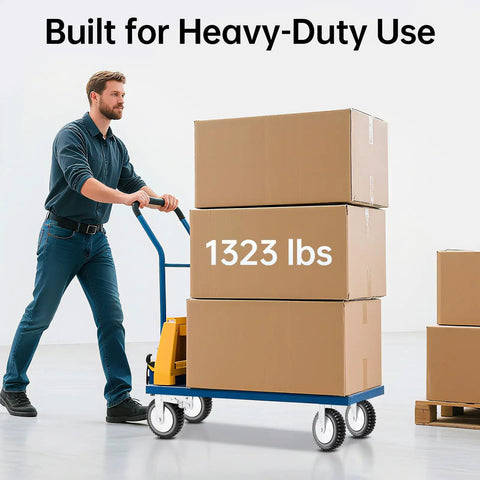 Person using Heavy Duty 8 Inch Caster Wheels Set Of Four With 1323 Lbs Total Load 2 Swivel Casters 2 With Brakes Double Bearing Anti Tangle For Trolleys Workbenches And Carts Industrial Grey on cart