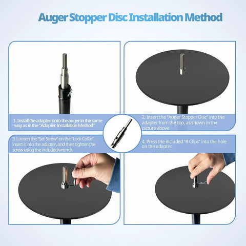 Detailed diagram showing installation of Two Stage Auger Drill Adapter For 1/2 Inch Hand Drills with stopper disc method.