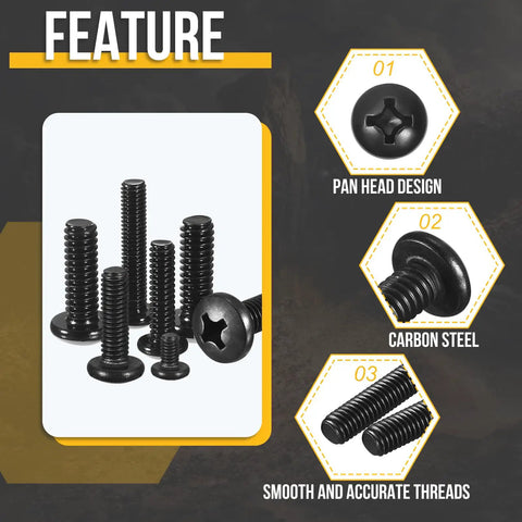 M3 0.5x8 Pan Head Machine Screws Assortment Kit 300 Pieces Carbon Steel Phillips Bolts With Flat And Lock Washers Black Finish