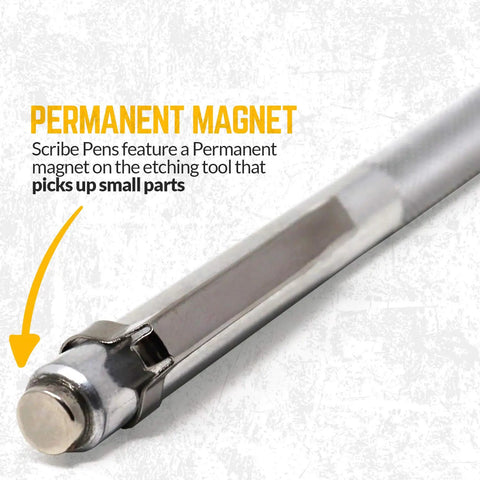 Professional Tungsten Carbide Scriber 2 Pack With Brass Automatic Center Punch showing permanent magnet for small parts.