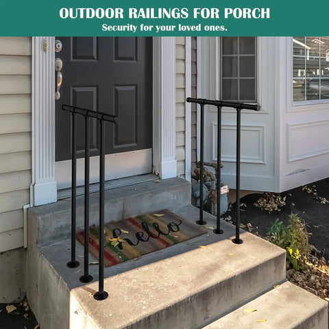 Heavy Duty Metal Deck Railings Kit With Balusters For Porch And Balcony, installed on concrete steps, black finish