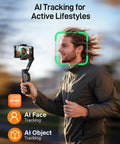 Person running with Compact 3 Axis Phone Gimbal With Detachable Magnetic Remote, Foldable Travel Stabilizer For iPhone And Android, Ideal For Vlogging, Smooth Cinematic Shots On The Go. AI tracking active lifestyle demonstration.