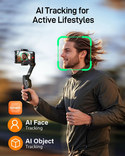 Person running with Compact 3 Axis Phone Gimbal With Detachable Magnetic Remote, Foldable Travel Stabilizer For iPhone And Android, Ideal For Vlogging, Smooth Cinematic Shots On The Go. AI tracking active lifestyle demonstration.