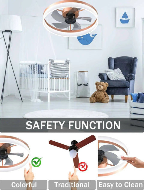 Low Profile Ceiling Fan With Light Remote in a nursery, semi flush mount, dimmable LED, 5 invisible blades, rose gold finish.