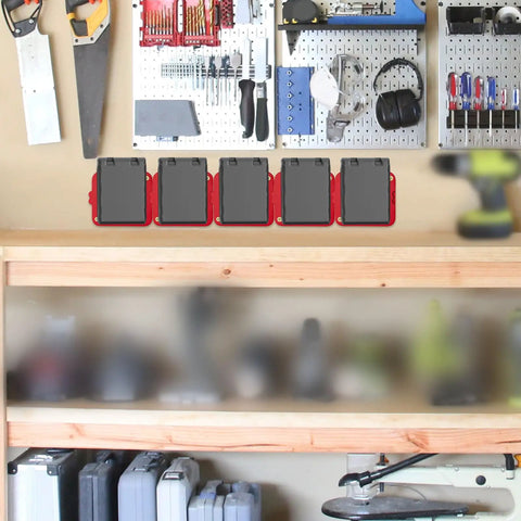 Heavy Duty Milwaukee 18V Battery Holder Storage Pack for wall mount in workshop setting with red color-coded holders