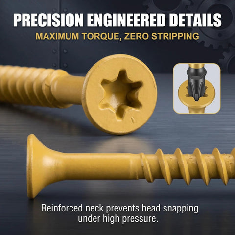 Close-up of Torx head and threads from Tan Torx Self-Tapping Wood Screws Kit, 120 Pieces, Size 10 x 3 Inches, T25 Drive.