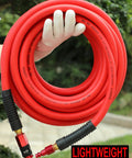 Slick Hybrid Air Compressor Hose 1/4 Inch By 25 Ft Hella Durable Lightweight held in hand with aluminum couplers visible.