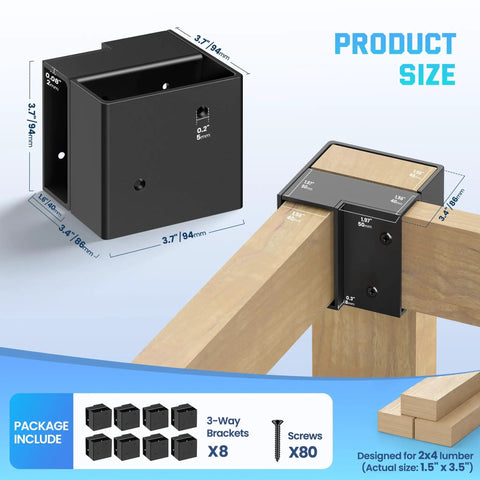 Diagram showing 8 Pack Heavy Duty 2x4 Workbench Brackets Set, 3 Way Right Angle Corner Brackets For Shelves Wood Tables and Workbenches.