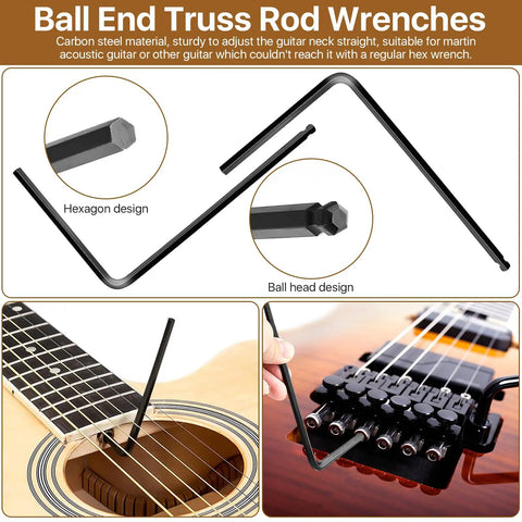 Guitar Truss Rod Wrench Set Of 23 Pieces For Gearheads With 4mm 5mm 1.2mm 1.5mm 2mm 2.5mm 3mm 3.2mm 4mm 4.7mm 5mm And 6.35mm 7mm 8mm Hex Box Wrenches Plus Fretboard Radius Gauge For Precise Neck Adjustments, carbon steel ball-end wrench set