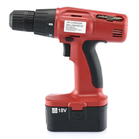 Job Site Ready 18V Cordless Power Drill With Keyless Chuck And Zero Hassle 16 Torque Clutch For Home Office Or Automotive Work Includes Battery Charger Bundle, side view.