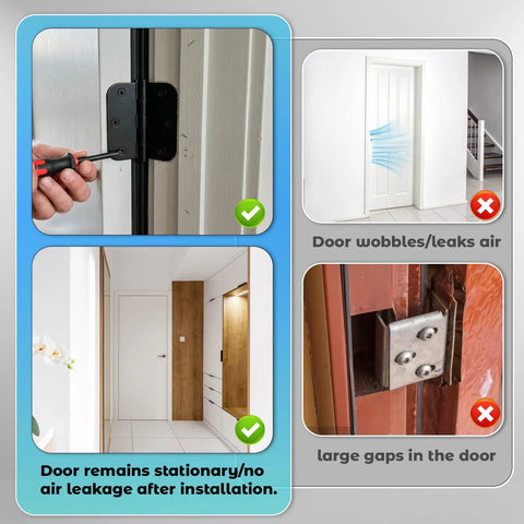 15 Piece Interior Door Hinge Shims Set for DIY Realignment, 3.5 Inch Hinge Spacers to Quickly Fix Air Leaks, Sticking, and Misaligned Doors, Trimable 0.06in PVC Spacers, Easy Install Home Repair Kit showing installation and effect on door alignment