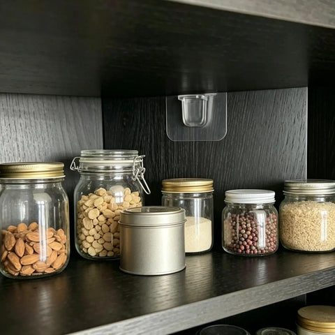 Drill-Free Self Adhesive Shelf Brackets 12 Pack Sturdy Cabinet Clips For Bookshelves Wardrobes And Kitchen Shelves Transparent No Residue Easy Wall Safe Installation holding shelf of jars