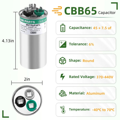 Beefed Up Dual Run HVAC Capacitor 45/7.5 uF 370/440V Replacement For Heat Pump Condenser Fan And Air Conditioner, aluminum body
