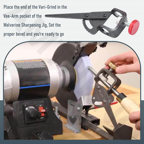 Attachment For Woodturning Tools That Fits Wolverine Grinding Jig, Vari-Grind Style Precision Clamp with tool being sharpened