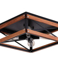 4 Light Rustic Farmhouse Flush Mount Ceiling Light with metal and wood square frame, dope black finish for hallways and bedrooms.