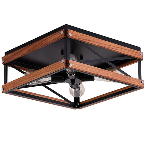 4 Light Rustic Farmhouse Flush Mount Ceiling Light with metal and wood square frame, dope black finish for hallways and bedrooms.