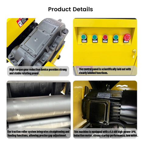Heavy Duty Rebar Straightening And Cutting Machine For Job Sites Real Workhorse With 28 M Per Minute Straightening Speed Handles 6 mm To 14 mm Rebar 77 Cuts Per Minute 500 To 2000 M Capacity AC220V Three Phase Industrial Steel Bar Tool showing gear reduction device, control panel, traction system, and motor details