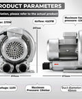 Product specifications of Heavy Duty High Pressure Vortex Ring Blower Six Tenths Horsepower 41CFM 110V 60Hz Vacuum Pump.