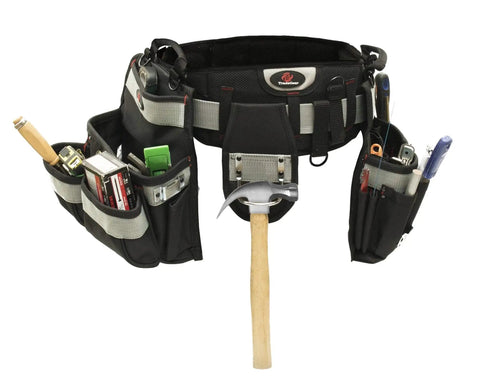 Electrician's Belt And Bag Combo Heavy Duty Tool Belt With 27 Pockets Pouches And Suspender Loops Comfort Fit shown with tools