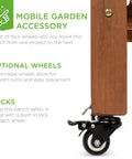 Close-up of wheel on Mobile Garden Potting Bench With Sliding Tabletop Outdoor Wood Workstation Table On Wheels 4 Locking Casters