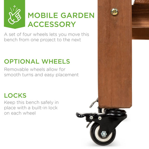 Close-up of wheel on Mobile Garden Potting Bench With Sliding Tabletop Outdoor Wood Workstation Table On Wheels 4 Locking Casters