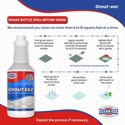 Grout And Tile Cleaner With Handheld Brush, 32 Oz Heavy Duty Stain Remover instructions and safety tips displayed on packaging.