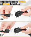 Close-up of Power Up Your Setup With This Three Prong To Four Outlet Indoor Outdoor Power Cord Splitter, 20 Inch SJT 16AWG Extension Cable, ETL Approved, NEMA 5-15P to NEMA 5-15R connectors in hand for 2-prong and 3-prong compatibility.