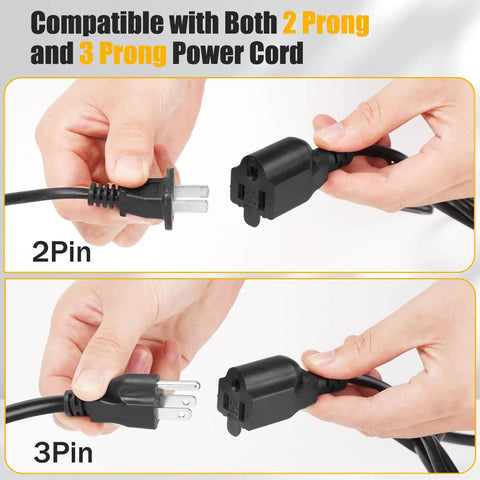 Close-up of Power Up Your Setup With This Three Prong To Four Outlet Indoor Outdoor Power Cord Splitter, 20 Inch SJT 16AWG Extension Cable, ETL Approved, NEMA 5-15P to NEMA 5-15R connectors in hand for 2-prong and 3-prong compatibility.