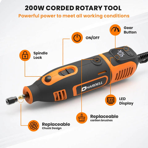 Close-up of Heavy Duty Corded Rotary Tool With 200watt Motor And 8000 To 40000 Rpm Variable Speed Flex Shaft Digital Display.