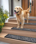 Dog on wooden steps with Non Slip Outdoor Stair Treads 6 Pack 8.5 By 30 Inches With Heat Insulation Rubber Backing Gray Floral Design