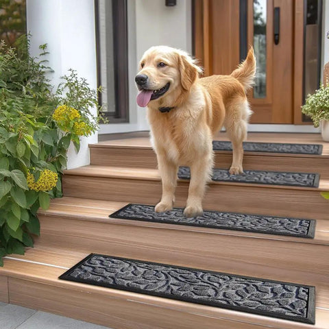 Dog on wooden steps with Non Slip Outdoor Stair Treads 6 Pack 8.5 By 30 Inches With Heat Insulation Rubber Backing Gray Floral Design
