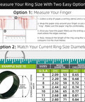 Instructions on measuring ring size with paper strip and ruler for accurate fit.