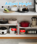 Expandable Kitchen Storage Shelves With Heavy Duty Metal Build, 110 Lbs Capacity, shown in kitchen cabinet with cookware.