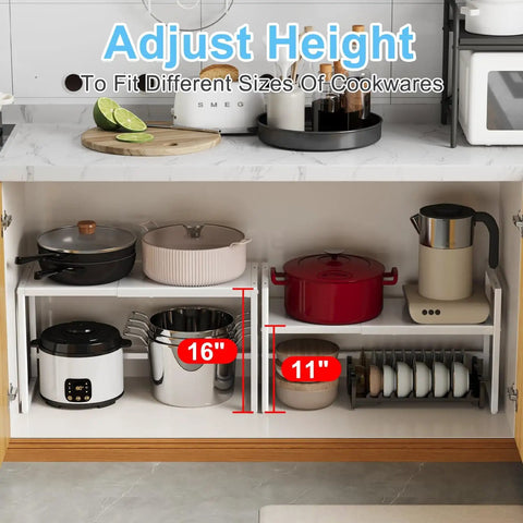 Expandable Kitchen Storage Shelves With Heavy Duty Metal Build, 110 Lbs Capacity, shown in kitchen cabinet with cookware.