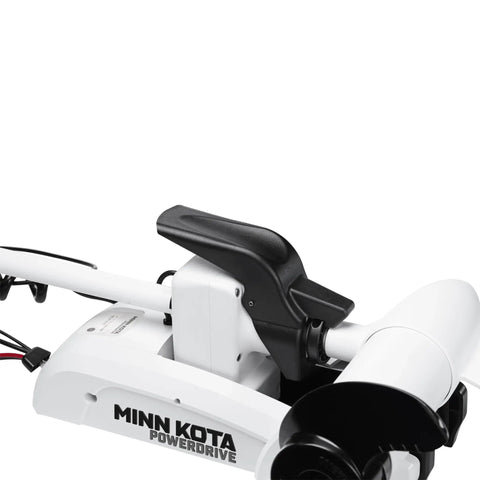Bow Mount Electric Trolling Motor Featuring GPS Spot Lock And Handheld Micro Remote Pushes 55 Lbs Of Thrust Across A 54 Inch Saltwater Shaft close-up showing control lever and motor design.