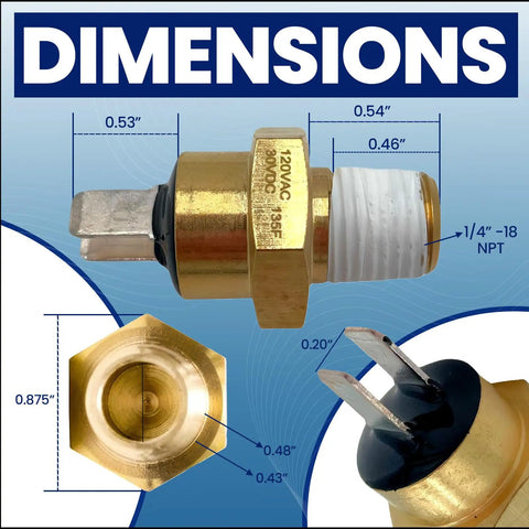 Dimensions of Replacement High Limit Switch 42001-0063S for Pool and Spa Heaters, showing measurements and material