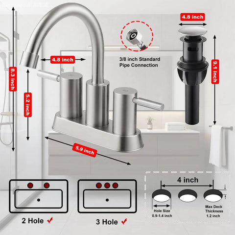 Brushed Nickel 2-Handle Centerset Bathroom Faucet With 360 Degree Swivel High Arc Spout Including Pop Up Drain And Water Hoses