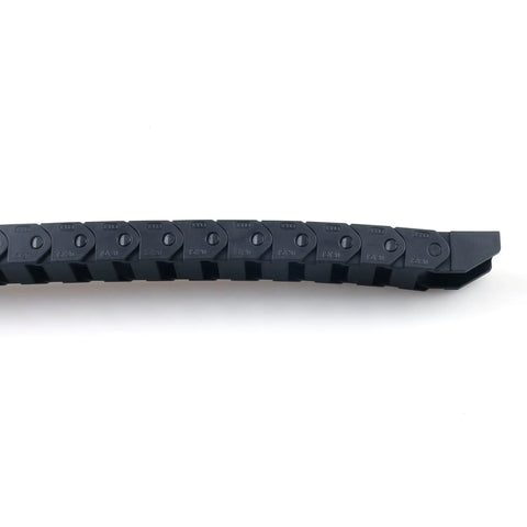 Side view of black Drag Chain Cable Carrier 15x20mm Internal Size 1m Length Plastic Semi Enclosed Wire Guide for CNC Machines and Robotics