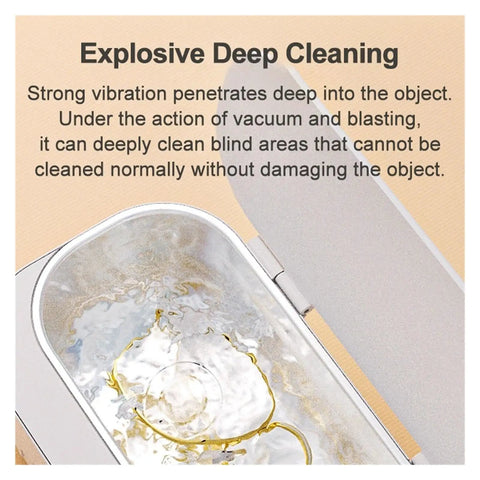 Close-up of the interior of a Knockout Portable Ultrasonic Cleaner For Glasses And Jewelry Using High Frequency Vibration And Eco Friendly Deep Wash Tech To Make Your Treasures Look Slick And Sparkling Fresh In Pink.
