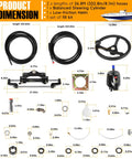 200HP Hydraulic Outboard Steering Kit With Steering Wheel Helm Pump Hydraulic Cylinder And 26 Ft PU Hoses displayed with dimensions