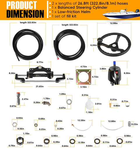 200HP Hydraulic Outboard Steering Kit With Steering Wheel Helm Pump Hydraulic Cylinder And 26 Ft PU Hoses displayed with dimensions