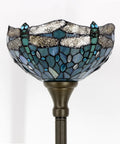 Sea Blue Tiffany Dragonfly Floor Lamp With 71 Inch Pole Torchiere And 12 Inch Shade Stained Glass Uplight For Your Bedroom And Living Room Cozy Vibe Antique Bronze Base Corner Accent UL Listed LED Compatible featuring a stained glass dragonfly design close-up.
