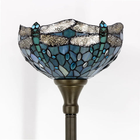 Sea Blue Tiffany Dragonfly Floor Lamp With 71 Inch Pole Torchiere And 12 Inch Shade Stained Glass Uplight For Your Bedroom And Living Room Cozy Vibe Antique Bronze Base Corner Accent UL Listed LED Compatible featuring a stained glass dragonfly design close-up.
