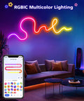 16.4ft RGBIC LED Neon Rope Lights With Music Sync in bedroom, color changing on wall with phone control shown