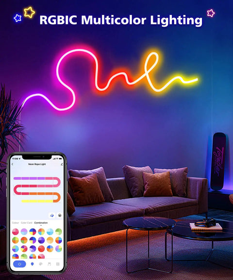 16.4ft RGBIC LED Neon Rope Lights With Music Sync in bedroom, color changing on wall with phone control shown