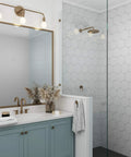 Brass Three Light Vanity Wall Fixture For A Modern Farmhouse Bathroom Vibe, 24 Inch Wide, above a vanity in bathroom setting