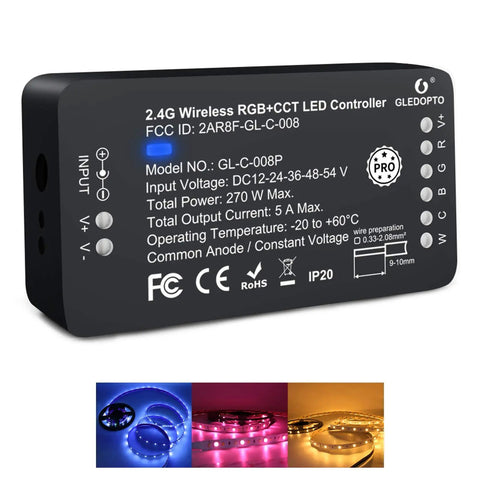 Zigbee 3.0 RGBCCT LED Strip Controller Pro Voice Control With Alexa App And Remote showing detailed input specs.
