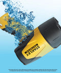 Rechargeable 1200 Lumen LED Spotlight Flashlight submerged in water with yellow pistol grip, highlighting durability and floating capabilities.